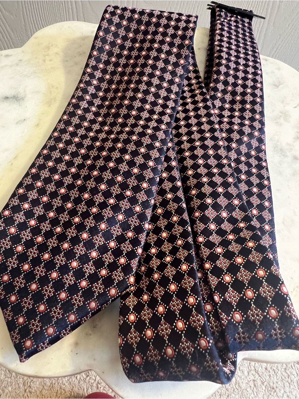 Alexander Julian Silk Black Tie with Red Geometric Medallions